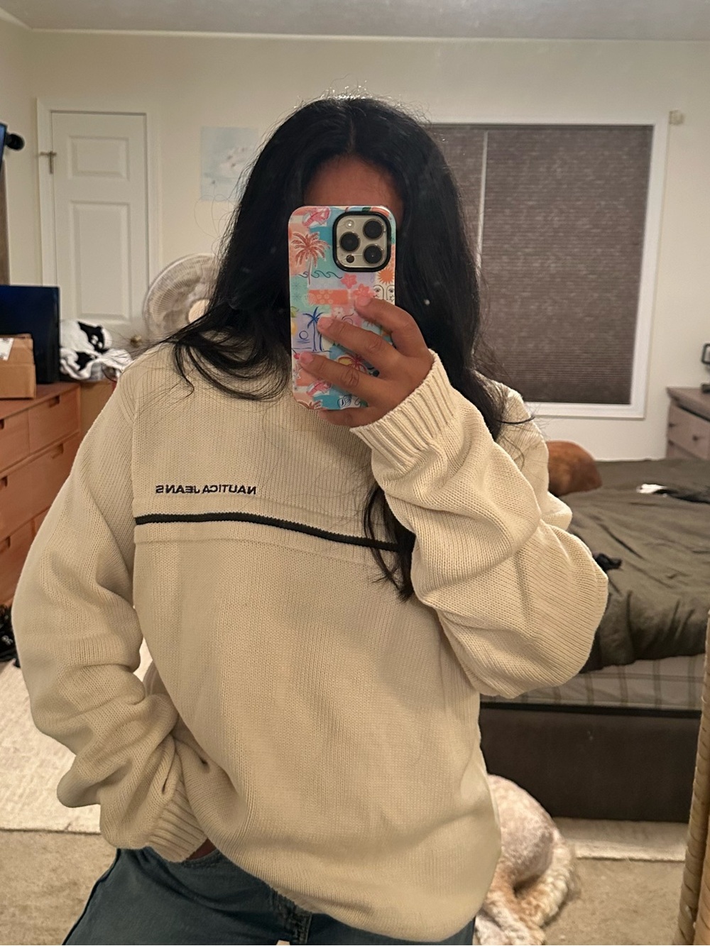 Nautica Cream Crew Sweater with Navy Stripe